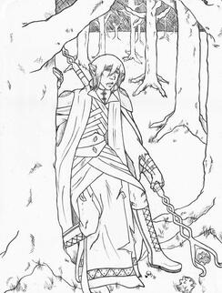 The underlying inks and pencils details done on 9x12 watercolor board for a privately commissioned piece of an OC named Tarathiel, depicted wounded after a woodlands battle.