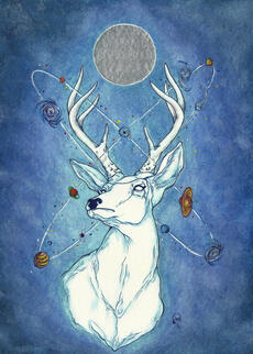 An oddly themed Yuletide card of a white deer, experimental in nature of drawing a more detailed animal from reference with pencil, ink pen, done in details with ink wash and watercolor, white acrylic, metallic paint, silver leaf, colored pencils, gel pens