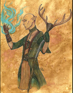 A private commission of Solas from Dragon Age: Inquisition, done on 9x12 watercolor paper with coffee/tea wash, iridescent watercolors, ink wash and watercolors, colored pencils, ink pen, pencil, and gel pens.