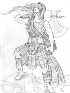 My wife's versatile personal character Isika depicted in pencil on 9x12 drawing paper as a barbarian class in highlander-esque attire.