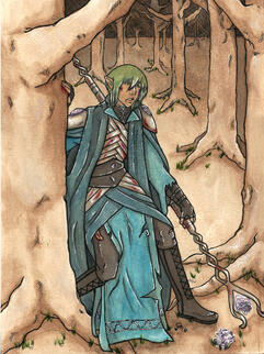 This was a private commission of an Original Character named Tarathiel, depicted in watercolor, colored pencil, ink washes, pencil and ink pen, and gel pen on 9x12 watercolor board. The character is shown to be escaping a battle, wounded.